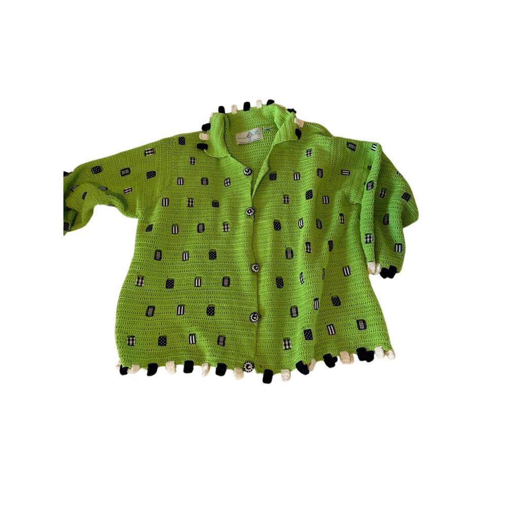 Vintage Philip & Jane Gordon Cardigan Sweater Knit Cotton Neon Green Size Large